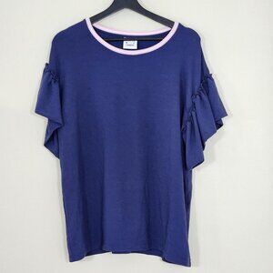 Karen By Simonsen Top Womens L Navy Pink Trim SS Ruffle Round Neck Boho Cottage